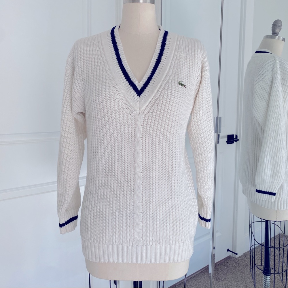 Lacoste Vintage Cable Knit V-Neck Sweater Nautical Style